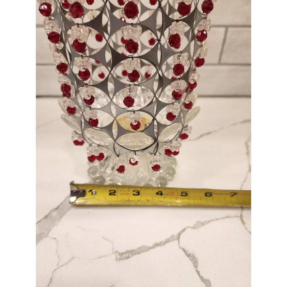 MCM Style 70s Or 80s Candle Holder Glass Base‎ With Beaded And Metal Tin Shade